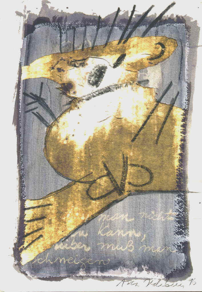 Aldaburu Ana 
aus "Konzert der 510 Glückwunschkarten", 1996
Mischtechnik / Bütten
21 x 14 cm