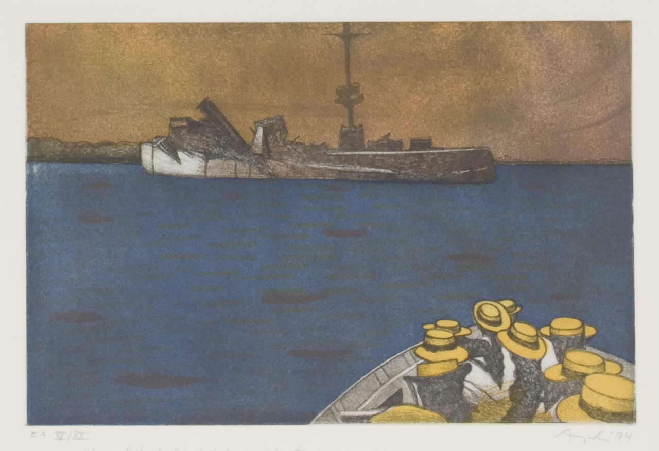 Angeli Eduard 
"Das Wrak der Emden vor den Kokosinseln", 1974
etching
Plattengröße 29 x 44 cm Papiergröße 49,5 x 68 cm