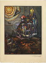 BIRNBAUM Uriel 
"auf einem anderen Stern", ca. 1930 
color lithography 
Steingröße 31 x 24 cm Papiergröße 40 x 30 cm 
 
please click the image to enlarge