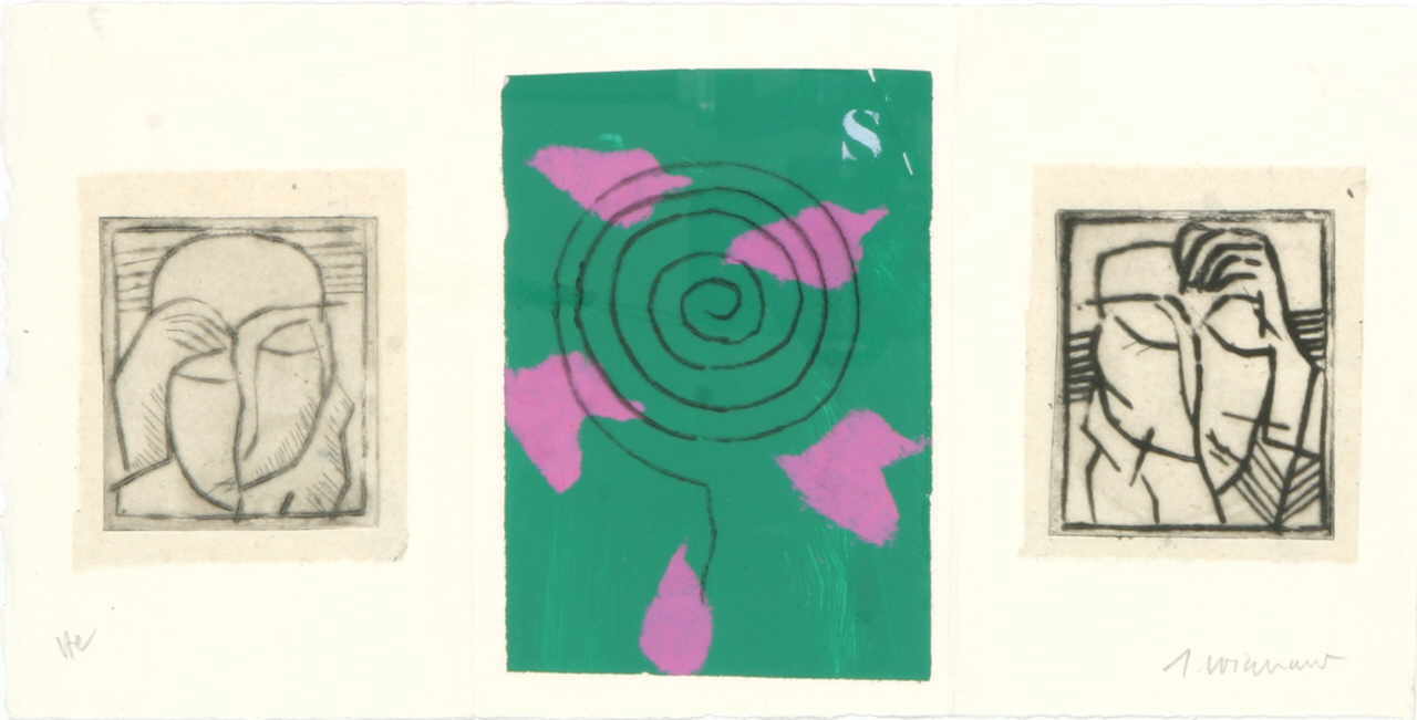 Coignard James 
"Triptichon", 2002
2 Kaltnadelradierungen, 1 Pochoir / Bütten
20 x 40 cm