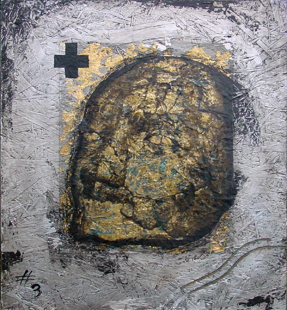 Dewitt Zos 
"Jericho Skull" aus der Serie "Natur", 2003
Digitaldruck, Schlagmetall und Acryl auf OSB
62 x 55 cm