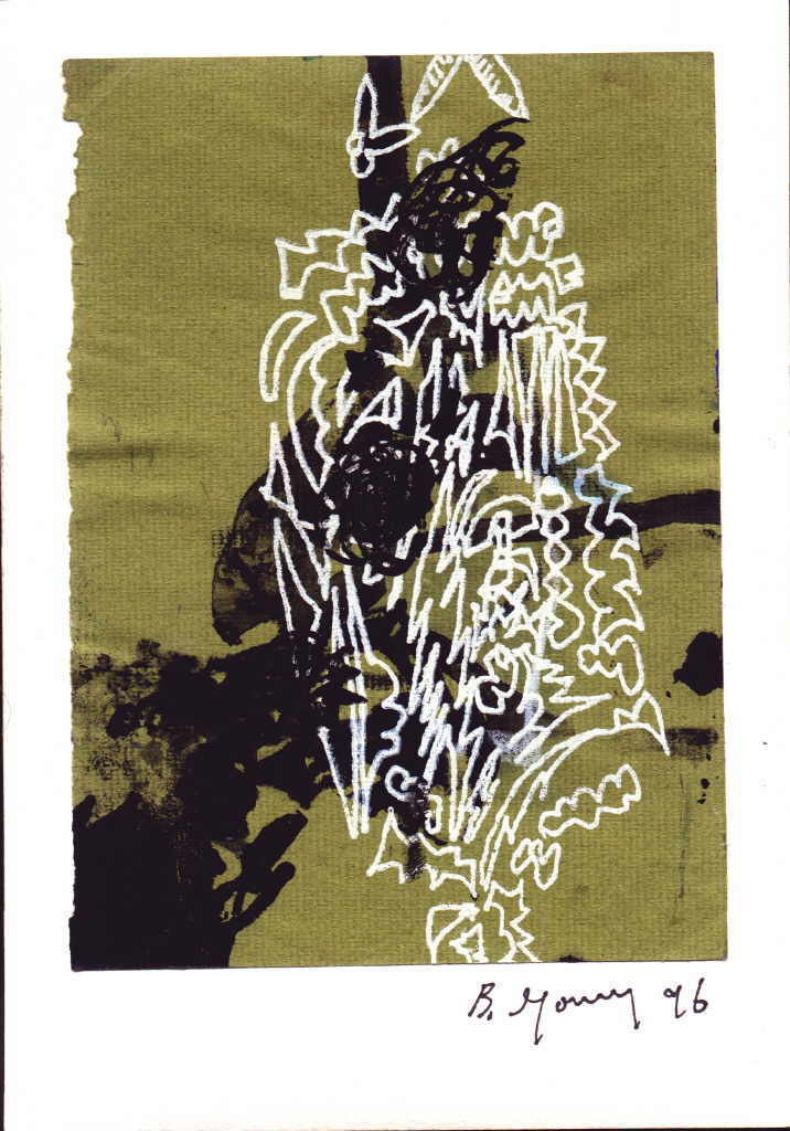 Gormley Brian 
aus "Konzert der 510 Glückwunschkarten", 1996
técnica mixta, collage / papel hecho a mano
21 x 14 cm