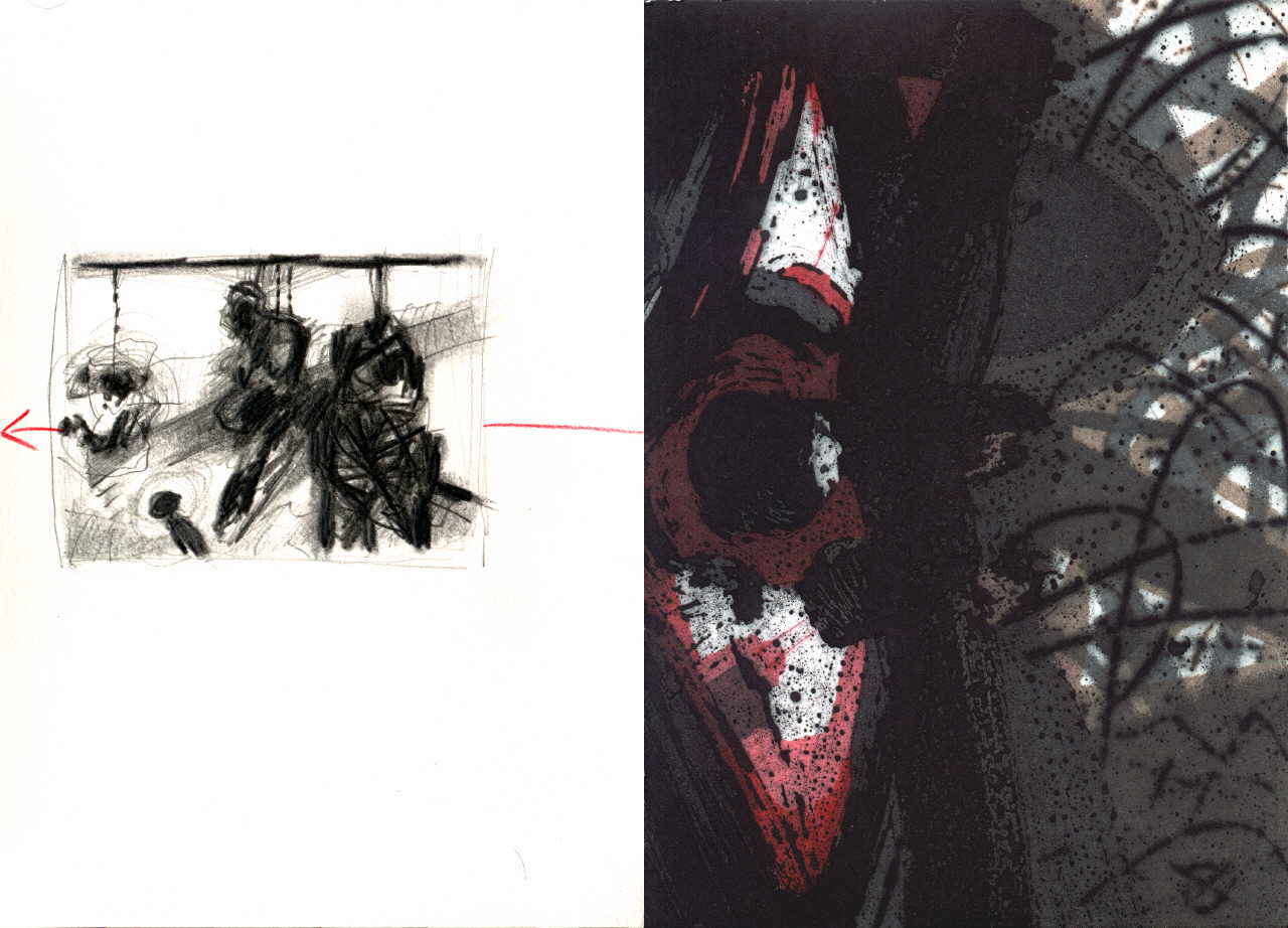 Heinrich Heuer 
aus "Konzert der 510 Glückwunschkarten", 1996
unikate Farbradierung und Mischtechnik / Bütten
2 * 21 x 14 cm