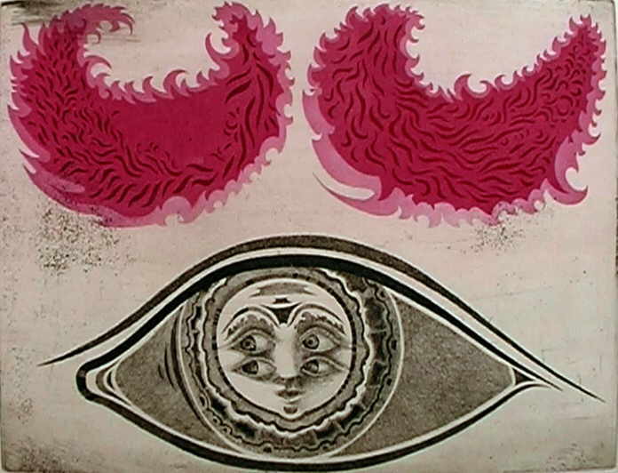 Wolfgang Hutter 
"Aug in Aug", ca. 1970
Farbradierung Farb-Probedruck (Unikat)
tamaño de la plancha 29 x 40 cm