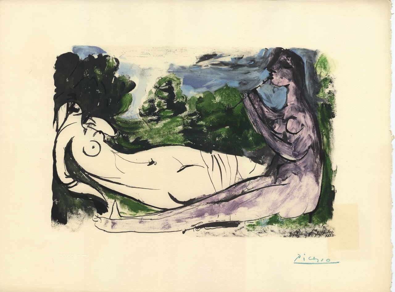 Picasso Pablo 
"Femme nue et joueuse de flûte", 1932
Pochoir litografía en partes colorado a mano
48 x 62 cm