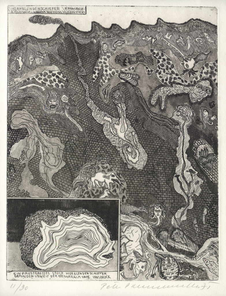 Pongratz Peter 
aus der Mappe "Große Schweinfurther Chloralytik", "Hornblenenschiefer", 1975
etching
Plattengröße 32 x 25 cm Blattgröße 41,5 x 34 cm