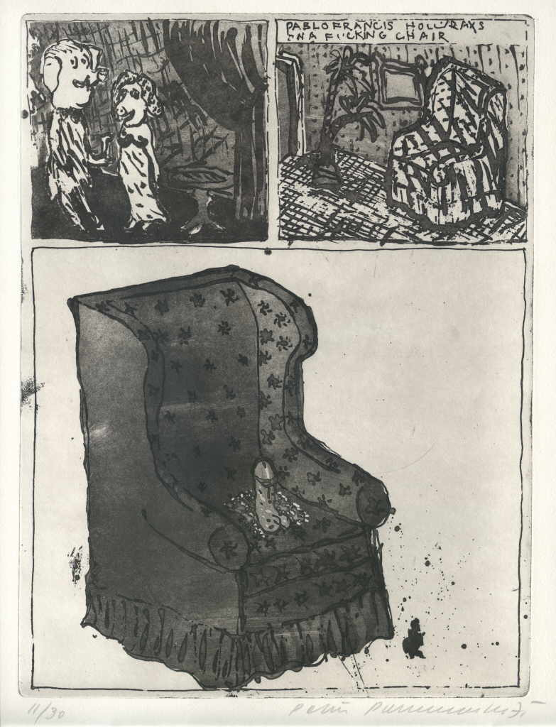 Pongratz Peter 
aus der Mappe "Große Schweinfurther Chloralytik", "In a fucking chair", 1975
grabado
Plattengröße 32 x 25 cm Blattgröße 41,5 x 34 cm