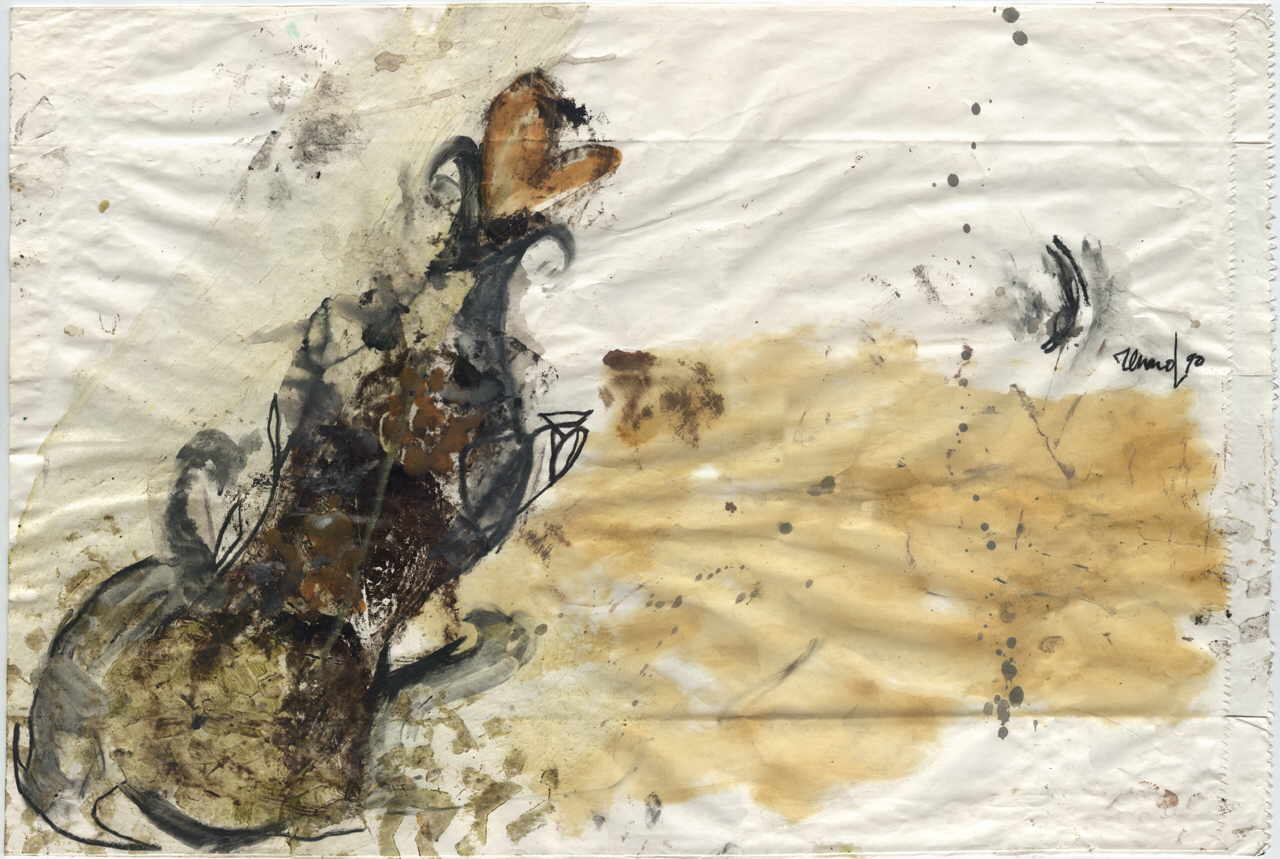 Renard Emmanuelle 
Ohne Titel, 1990
Mischtechnik / Papiersack
42 x 62 cm