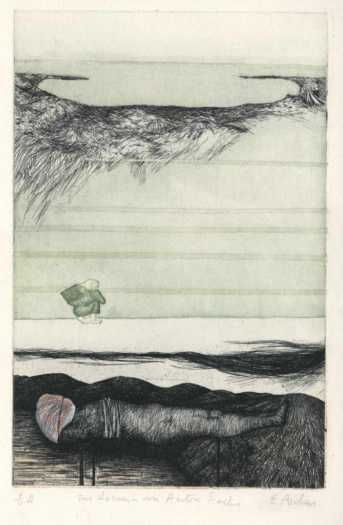 Rochas Eugenia 
"Zum Roman von Anton Fuchs", 1977
etching / handmade paper
Plattengröße 33 x 22 cm Papiergröße 59 x 45 cm