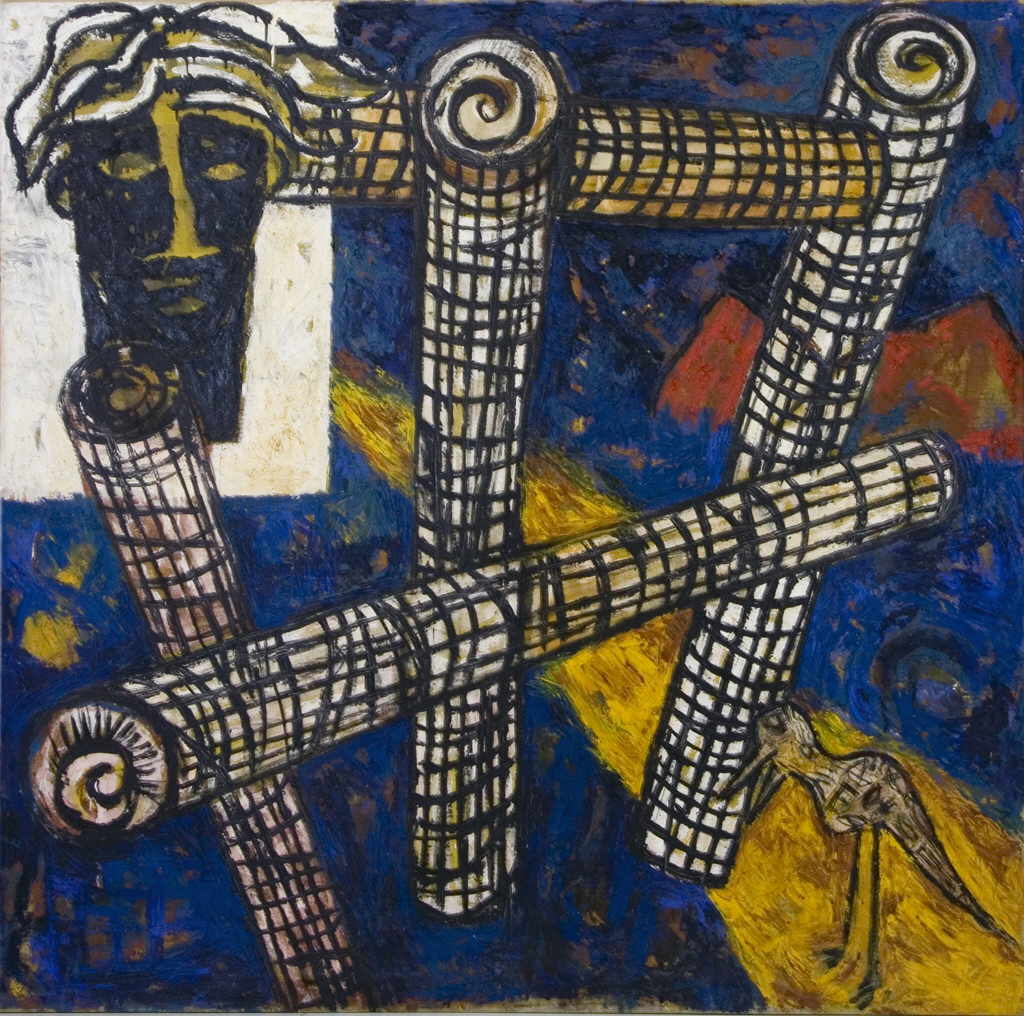 Sapere Horacio 
"Kopf des Poeten mit Elementen und Vogel", 1987
Öl, Collage / Leinwand
200 x 202 cm