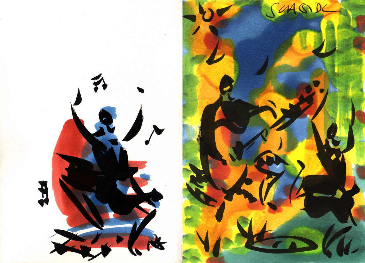 Scheidl Roman 
aus "Konzert der 510 Glückwunschkarten", 1996
aquarelle, india ink / handmade paper
2 * 21 x 14 cm