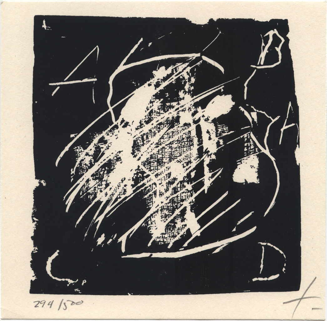 Tàpies Antonio 
Ohne Titel, 1974
Holzschnitt
Plattengröße 12 x 12 cm Papiergröße 14,5 x 14,7 cm