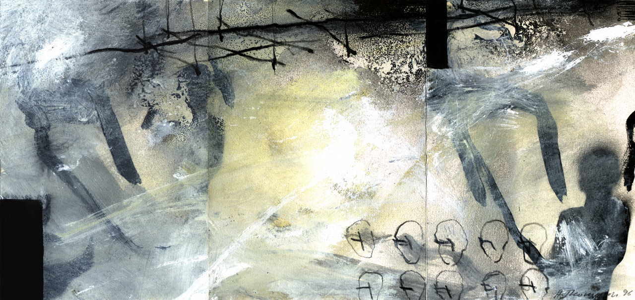 Thomann Hans 
aus "Konzert der 510 Glückwunschkarten", 1996
Mischtechnik / Bütten
3 * 21 x 14 cm